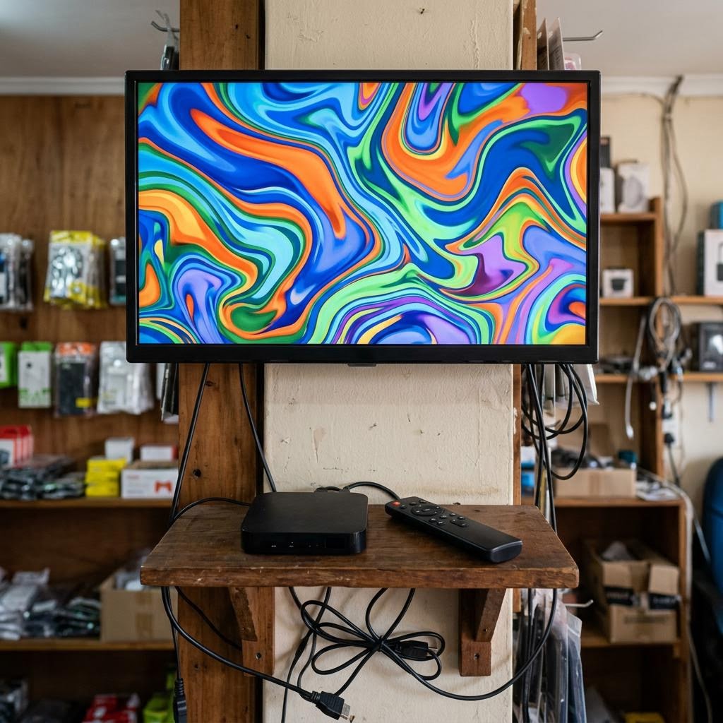 Android-TV-Box mit Fernbedienung unter einem Wandbildschirm