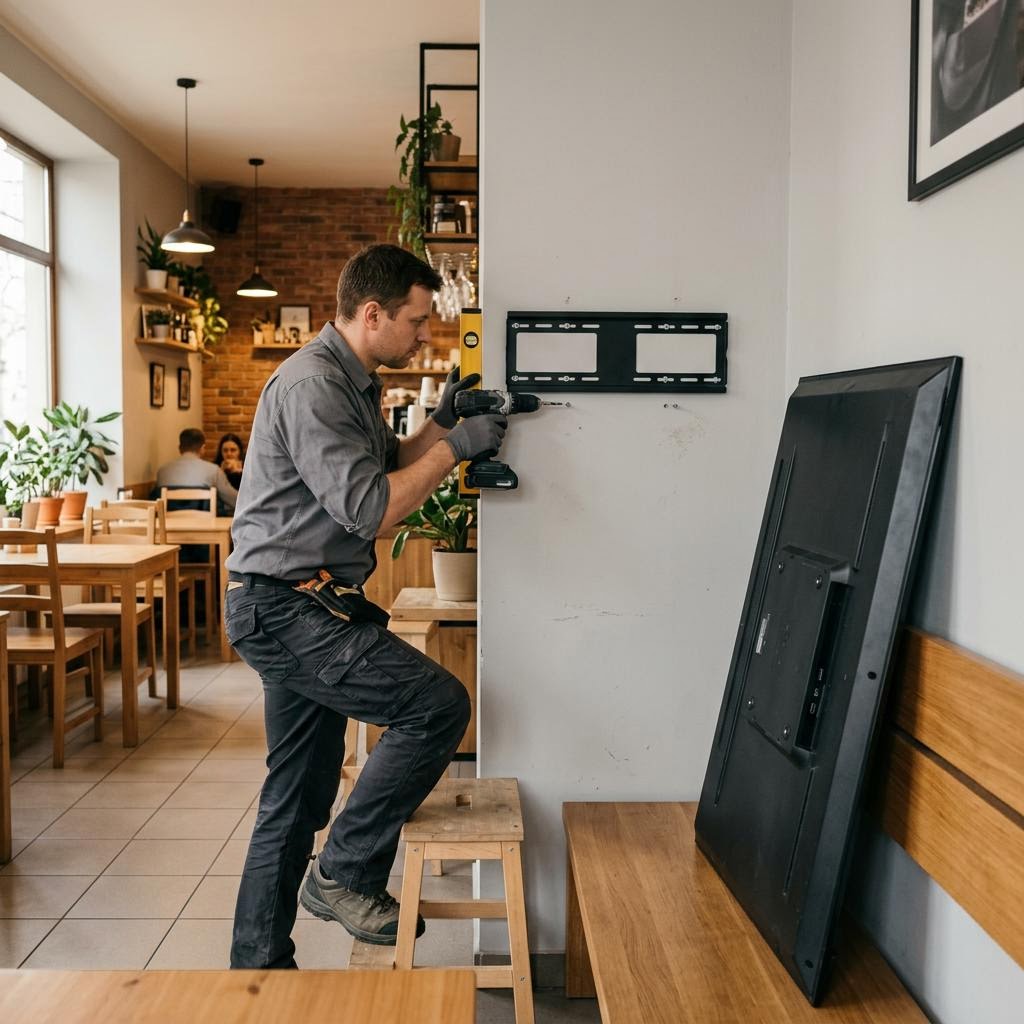 Handwerker bohrt eine Wandhalterung in die Wand neben dem vorbereiteten Bildschirm