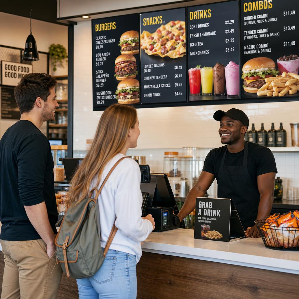 Digitales Menüboard über der Theke