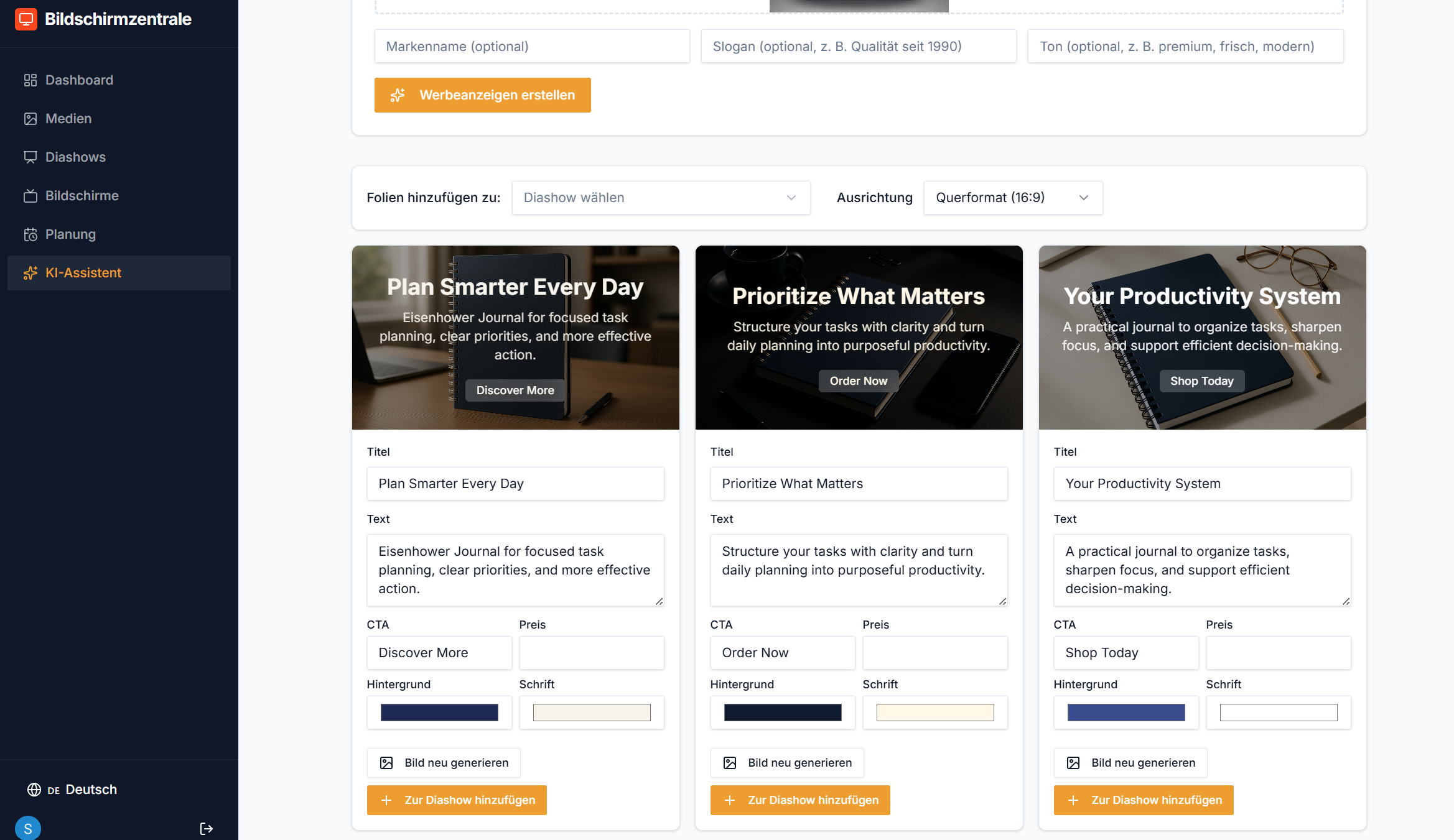 KI-Assistent zeigt fertig generierte Werbeanzeigen-Varianten mit Bearbeiten-Optionen